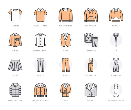 Cloth flat line icons set. Apparel - jacket, hoody, sweatshirt, pants, polo, shirt, tuxedo, evening dress vector illustrations. Outline signs for fashion store. Orange Color. Editable Stroke.