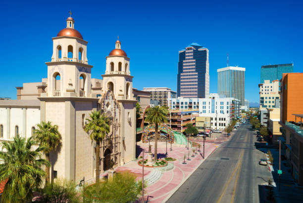istock Tucson Old Vs New: Downtown Highrises And Historic Church 1921685414