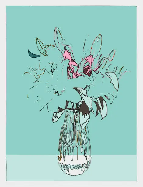 Vector illustration of outline printmaking style still life,flowers in vase