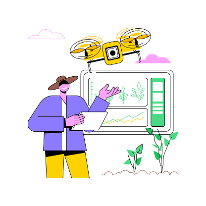 Computer imaging isolated cartoon vector illustrations. Man with tablet determines the size and growth of plants, sensor cameras installed, quality control, smart farming vector cartoon.