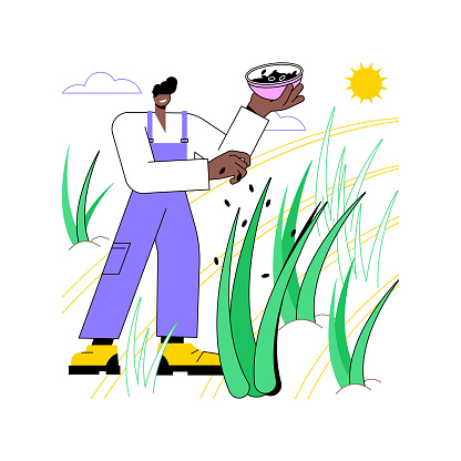 Fertilizer use isolated cartoon vector illustrations. Farmer throws fertilizer into the ground, agribusiness industry, agricultural input sector, crops nutrients vector cartoon.