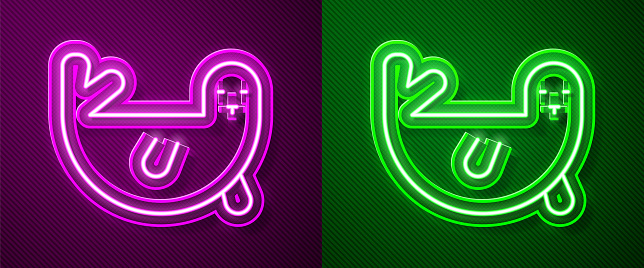 Glowing neon line Fur seal animal icon isolated on purple and green background. Vector.