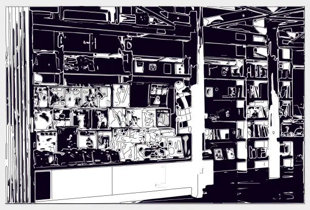 Vector illustration of black and white Printmaking style bookstore illustration scene background