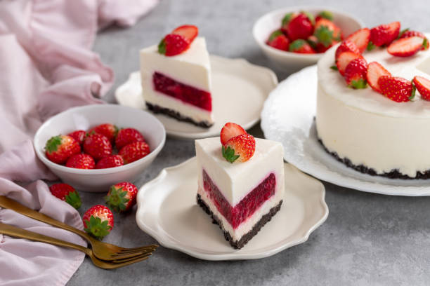 istock No bake cheesecake with fresh strawberries on top on a white plate on a gray concrete background. 1921707077
