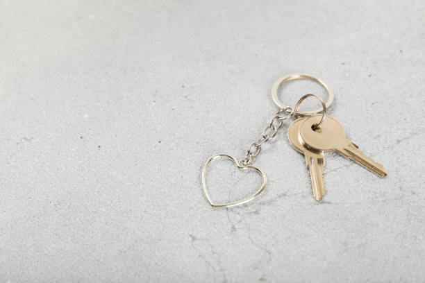 istock Keychain with key ring isolated on a colored background. Concepts for real estate and moving home or renting property. Buying a property. Mock-up keychain.Copy space. 1921708706