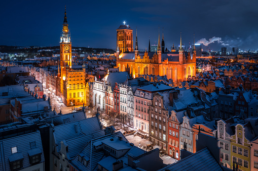 Aerial view of the beautiful main city in Gdansk at winter, Poland