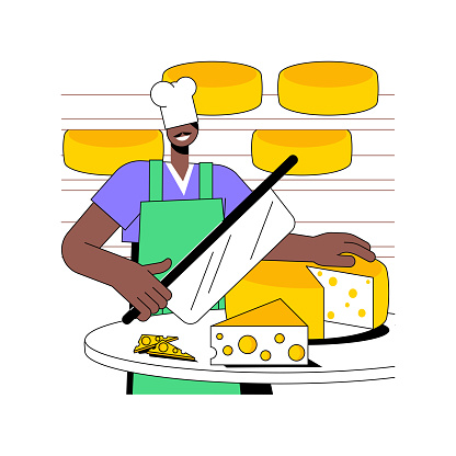 Cheese production isolated cartoon vector illustrations. Smiling men making cheese at dairy farm, agriculture industry, agribusiness workers, secondary production sector vector cartoon.