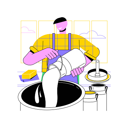 Butter production isolated cartoon vector illustrations. Man deals with butter production, agriculture industry, agribusiness idea, secondary production sector, churning milk vector cartoon.