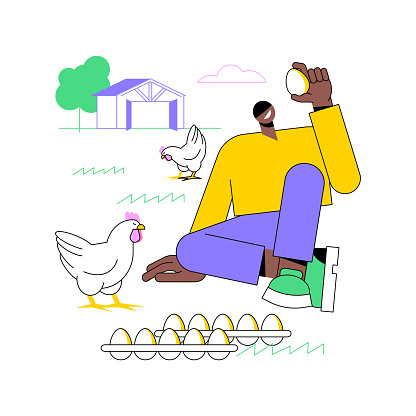 Free range eggs isolated cartoon vector illustrations. Farmer on field, chicken and eggs, agriculture industry, agribusiness idea, secondary product production sector vector cartoon.