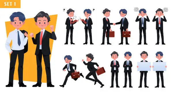 Vector illustration of Vector set of two businessman characters gestures and actions Professional office workers stand, run, work, jump, search, etc.