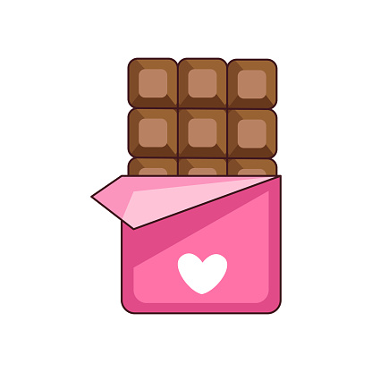 Vector illustration with milk chocolate in a pink wrapper. Chocolate for Valentine's Day