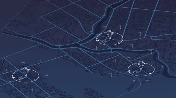 Vector illustration of Graphic visualization background data on map graph. Abstract vector map of roads with data on top of it. Location data on an abstract map. Designated territories. Editable isometric illustration.