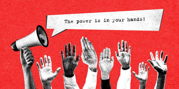 People raising hands over red background. Voting. Choosing candidate to rule country. Responsibility. Contemporary art collage. Election day. Poster People raising hands over red background. Voting. Choosing candidate. Responsibility. Contemporary art. Elections day, politics, choice and freedom, democracy, human rights concept. Noise effect democracy stock pictures, royalty-free photos & images