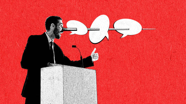 istock Candidate for president with bi nose cracking speech bubbles. Lier making false promises. Contemporary art collage. Election day. Poster 1921760608