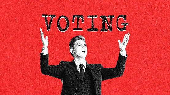 Young man, candidate for President raising hands with word of voting. Attention. Contemporary art. Concept of elections day, politics, choice, freedom, democracy, human rights. Poster. Grainy effect