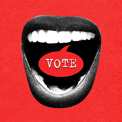Female open mouth with word vote inside over red background. Taking part in election, choosing president. Contemporary art. Elections day, politics, choice, democracy, human rights. Grainy effect