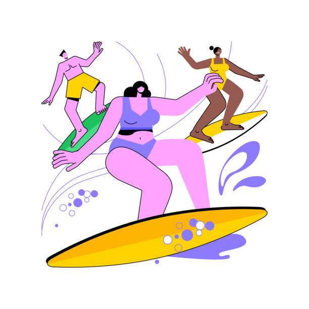 surfen sie zusammen mit isolierten cartoon-vektor-illustrationen. - surfing surf wave extreme sports stock-grafiken, -clipart, -cartoons und -symbole