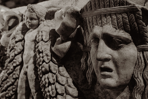 Some stone reliefs and historical statues in ancient city of Hierapolis, Denizli