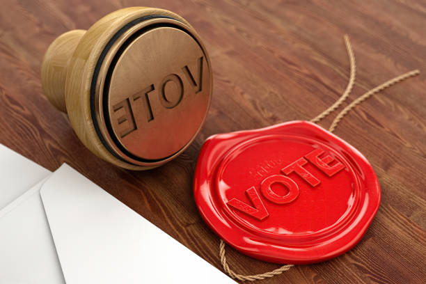 Vote Stamp with Red Seal Wax and Envelope . 3D Render
