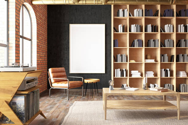 istock Reading Room with a Bookshelf Record Player and Empty Picture Frame 1921786484