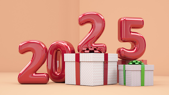 2025 New Year Gift Boxes. 3D Render