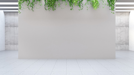 Empty White Concrete Wall with Green Plants. 3D Render