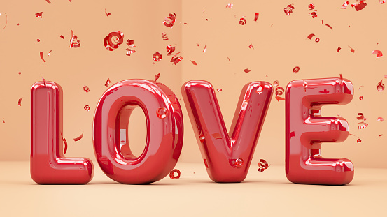 Red Love Balloons with Confetti. 3D Render