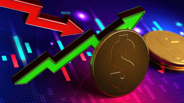 istock Golden Coins on a Financial Chart with up and Down Arrows 1921788114