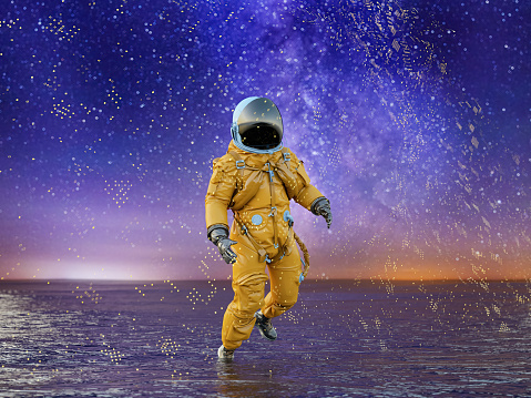 Astronaut with a Visor Standing in Liquid in a Foggy Overcast Alien Environment. 3D Render