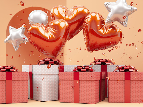 Gift Box with Heart Shaped Balloons. 3D Render