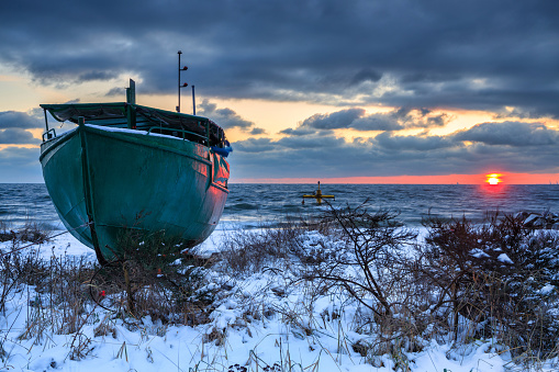Winter landscape of Baltic Sea coast in Gdynia Orowo at sunrise, Baltic Sea. Poland