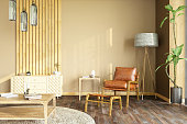 Scandinavian Style Beige Cozy Living Room with a Leather Armchair
