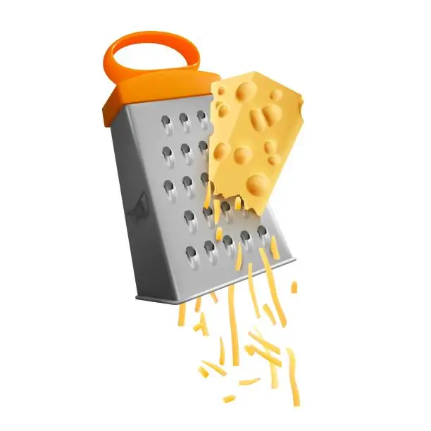 Vector illustration of Grated cheese. Cheeses piece grate rasp on kitchen metal grater, shredded parmesan in sharp grating slicer cutting rub cheesy pieces cook recipe concept nowaday vector illustration