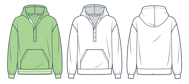 Hoodie technical fashion illustration. Sweatshirt fashion flat technical drawing template, pocket, hood, button closure, front and back view, white, green, women, men, unisex CAD mockup set.