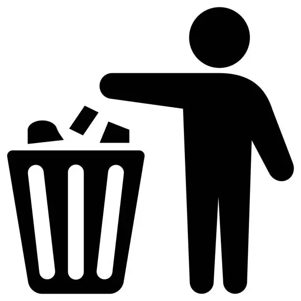 Vector illustration of Black icon of a person throwing away trash