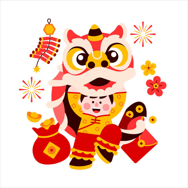 танец льва, элементы китайского нового года в современном минималистичном геометрическом стиле. красочная иллюстрация в плоском векторно� - dragon dancer stock illustrations