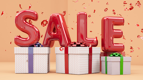 Red Sale Balloons with Gift Boxes and Confetti. 3D Render