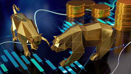 Bull and Bear Stock Market Prices Concept. 3D Render