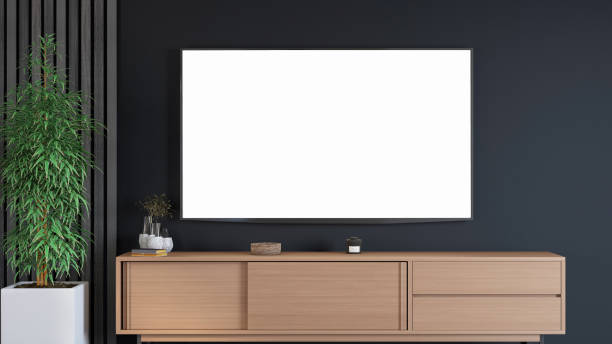 istock Empty Mockup TV Screen with a Wooden Console 1921823707