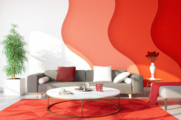 Room Interior with a Red Sofa and Home Decor for Valentine's Day. 3D Render