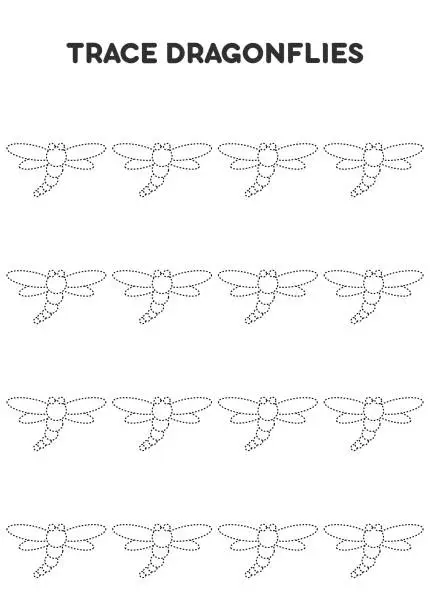 Vector illustration of Trace dragonflies. Worksheets for kids. Preschool education.
