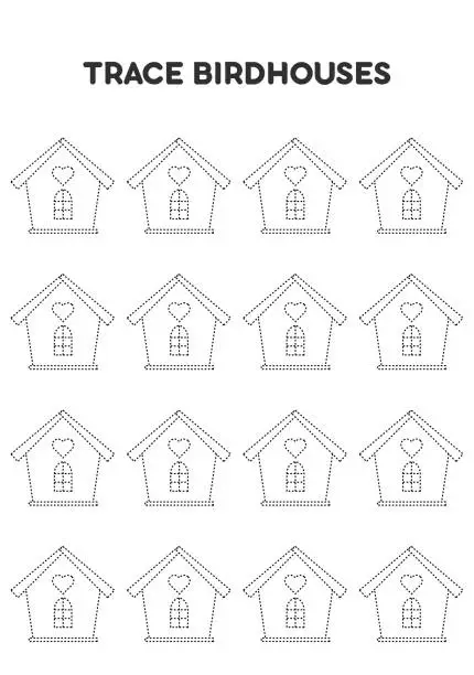 Vector illustration of Trace birdhouses. Worksheets for kids. Preschool education.