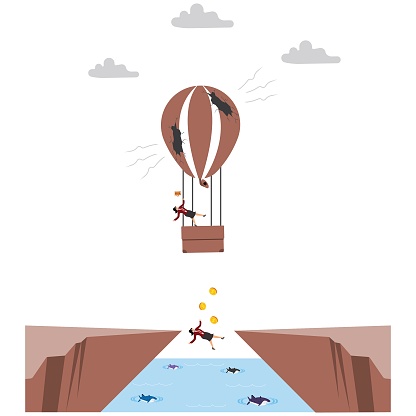 Marooned, Island, Businesswoman, Illustration, Fear, Hot Air Balloon