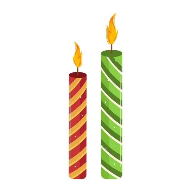 Vector illustration of Two striped candles, one red and one green, with flames, on a white background. Festive Christmas decoration illustration. Holiday spirit and warm light vector illustration