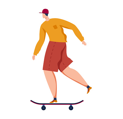Young male in casual clothes skateboarding. Skater in a cap performs a trick on a skateboard. Youth urban culture vector illustration.
