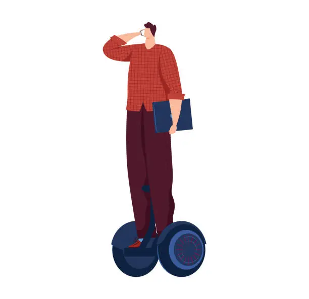 Vector illustration of Young man riding a segway and looking forward with style. Casual outfit with a laptop under arm. Modern transportation and urban lifestyle vector illustration