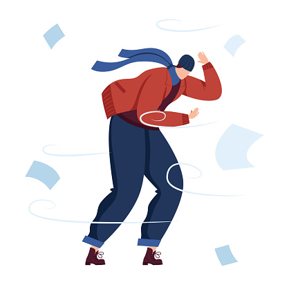 Woman in winter clothes struggling against the wind. Person holding hat and fighting strong breeze, papers flying around. Windy weather challenge vector illustration.