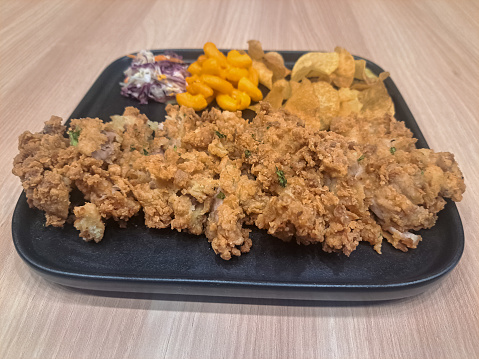 Delicious Southern Style Chicken Steak With Chicken Meat Crispy, Potato Chip, Macaroni, Vegetable Pickled. Food Menu.