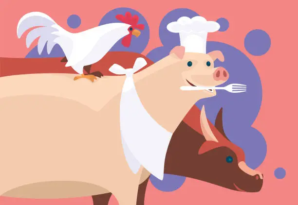 Vector illustration of chef pig holding fork with rooster and cow