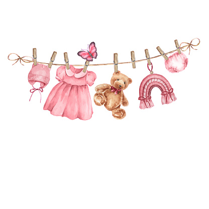 Watercolor baby clothes on a rope.  Hand drawn illustration for baby shower